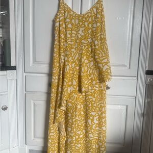 Maeve Anthropologie Yellow White Print Midi Dress Size 10 Flowy Ruffle Open Back